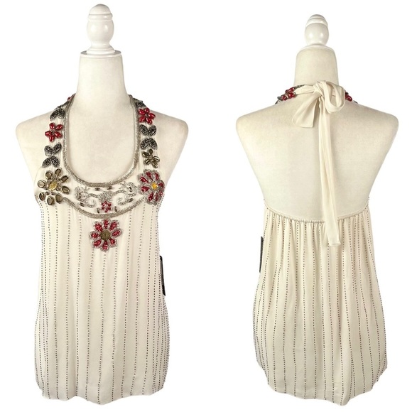 ALICE + OLIVIA Silk Beaded Trim Halter Top - Picture 16 of 16